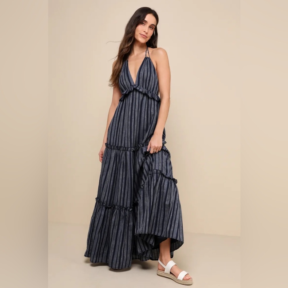 Lulu's Navy Striped Backless Maxi Dress NWT - Picture 3 of 6